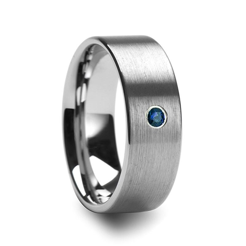 MAVI Men's Brushed Finish Flat Tungsten Carbide Wedding Band with Blue Diamond - 8mm - DELLAFORA