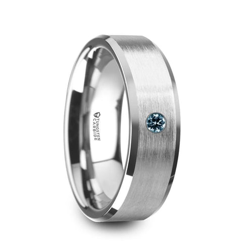 MOORE Flat Brushed Center Polished Beveled Edges Tungsten Wedding Band with Blue Diamond - 8mm - DELLAFORA