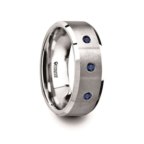 NAUTILUS Tungsten Carbide Satin Finished Center Polished Beveled Edges Men's Wedding Band with 3 Blue Sapphires - 8mm - DELLAFORA