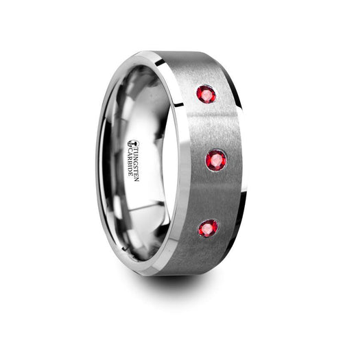 NEREUS Brushed Tungsten Carbide Flat Wedding Band with Polished Beveled Edges & Rubies - 8mm - DELLAFORA