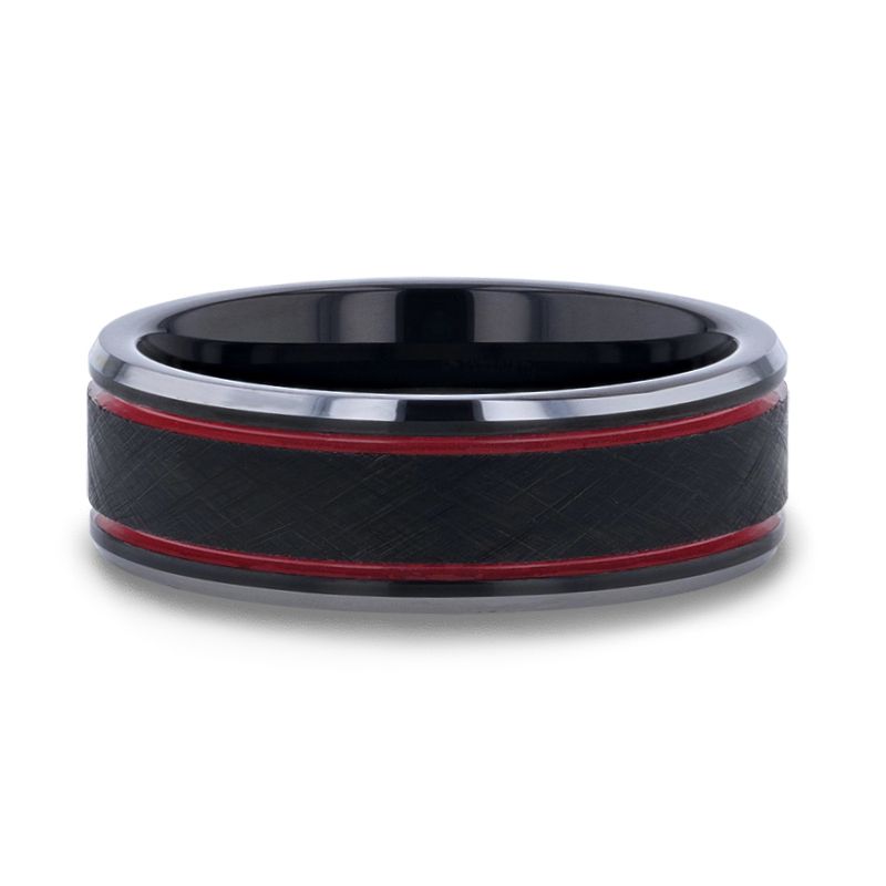 OLIS Wire Finish Centered Black Tungsten Carbide Men's Wedding Band With Double Red Stripe Polished Beveled Edges - 8mm - DELLAFORA