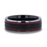 OLIS Wire Finish Centered Black Tungsten Carbide Men's Wedding Band With Double Red Stripe Polished Beveled Edges - 8mm - DELLAFORA