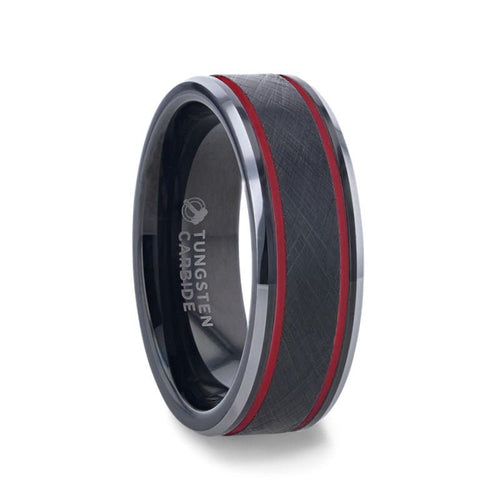 OLIS Wire Finish Centered Black Tungsten Carbide Men's Wedding Band With Double Red Stripe Polished Beveled Edges - 8mm - DELLAFORA