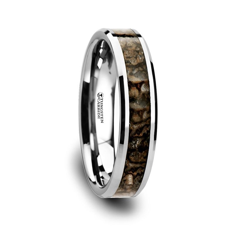 ORDOVICIAN Dinosaur Bone Inlaid Tungsten Carbide Beveled Edged Ring - 4mm - DELLAFORA