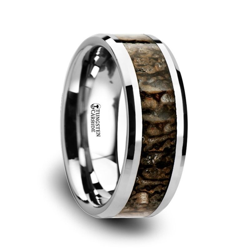 ORDOVICIAN Dinosaur Bone Inlaid Tungsten Carbide Beveled Edged Ring - 8mm - DELLAFORA