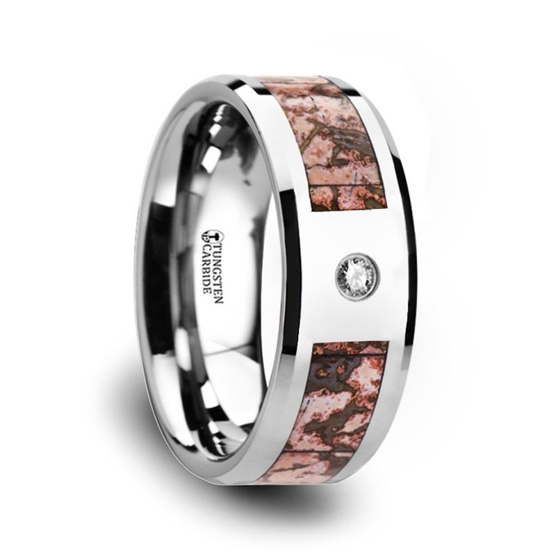 Pink Dinosaur Bone Inlaid Tungsten Carbide Diamond Wedding Band with Beveled Edges - 8mm - DELLAFORA