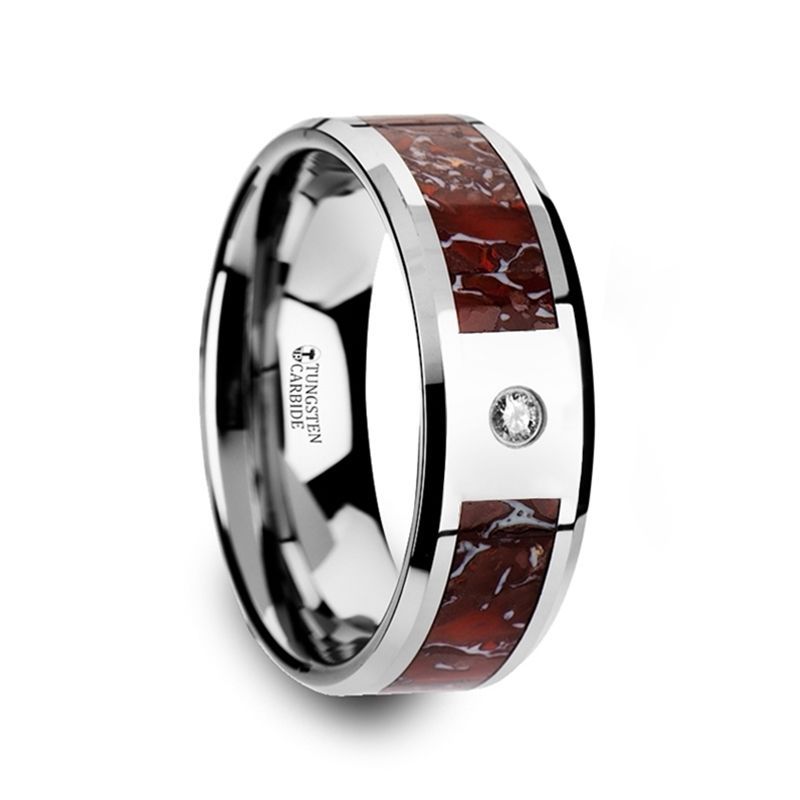 Red Dinosaur Bone Inlaid Tungsten Carbide Diamond Wedding Band with Beveled Edges - 8mm - DELLAFORA