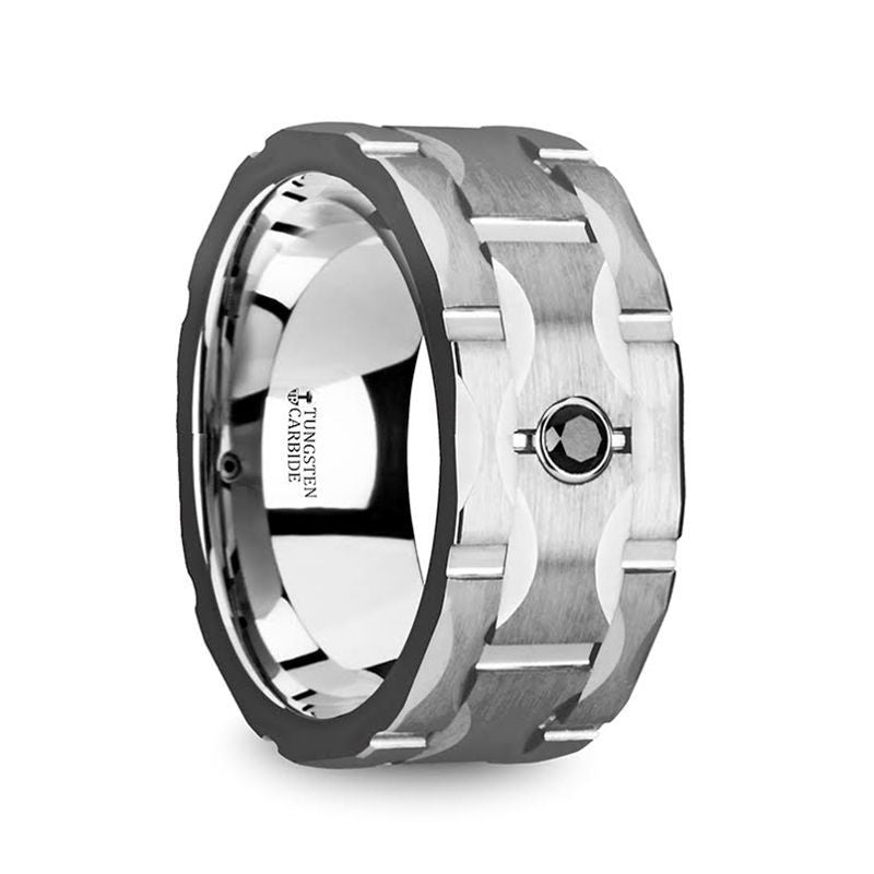 SAINT Brushed Tungsten Carbide Wedding Band with Grooves & Black Diamond - 10mm - DELLAFORA