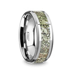 TARGARYEN Men's Tungsten Carbide Wedding Band with Green Dinosaur Bone Inlay & Beveled Edges - 8mm - DELLAFORA