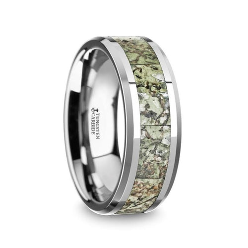 TARGARYEN Men's Tungsten Carbide Wedding Band with Green Dinosaur Bone Inlay & Beveled Edges - 8mm - DELLAFORA