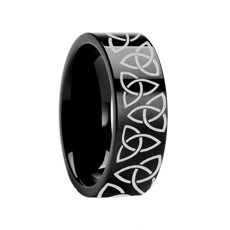 Triquetra Celtic Trinity Ring Engraved Flat Black Tungsten Carbide Ring Polished - 8mm - DELLAFORA