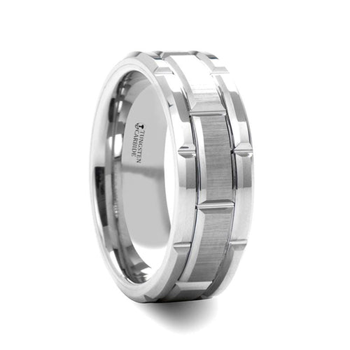 WARWICK Beveled Tungsten Carbide Wedding Band with Brush Finished Center and Alternating Grooves - 8mm - DELLAFORA